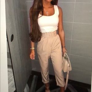 BEIGE BELTED TAPERED TROUSERS